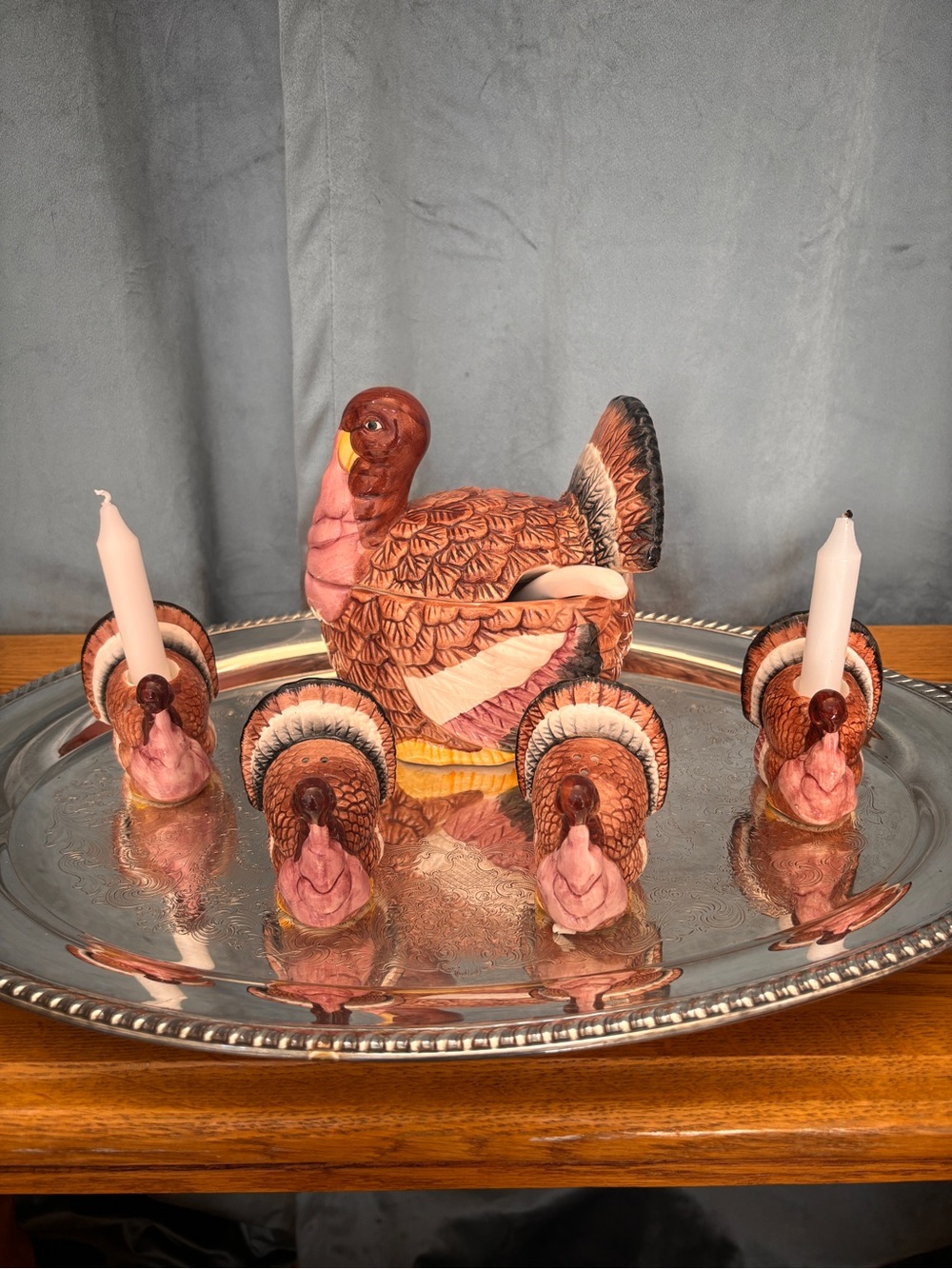 Thanksgiving Turkey Ceramic Serving Set Bowl Ladle Salt Pepper Candle Holders
